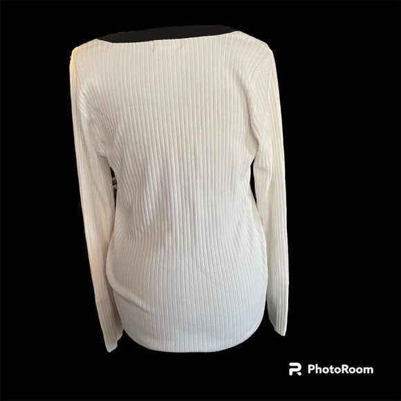 Karl Lagerfeld Sweater Wide Rib Square Neck Black Trim Button Sleeves Sz XL - Picture 3 of 6